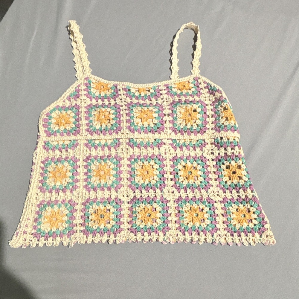 Zara Multicolor Crochet Granny Square Lined Square Neck Camisole Tank Top